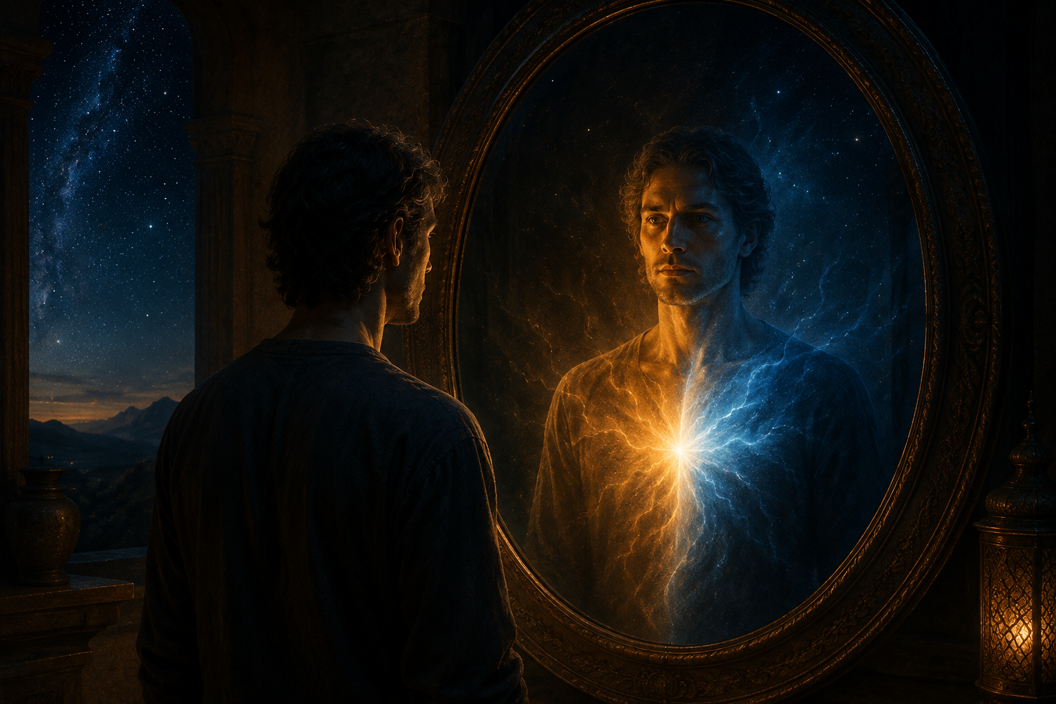 Homem diante de um espelho, observando a integração de duas polaridades luminosas em seu reflexo