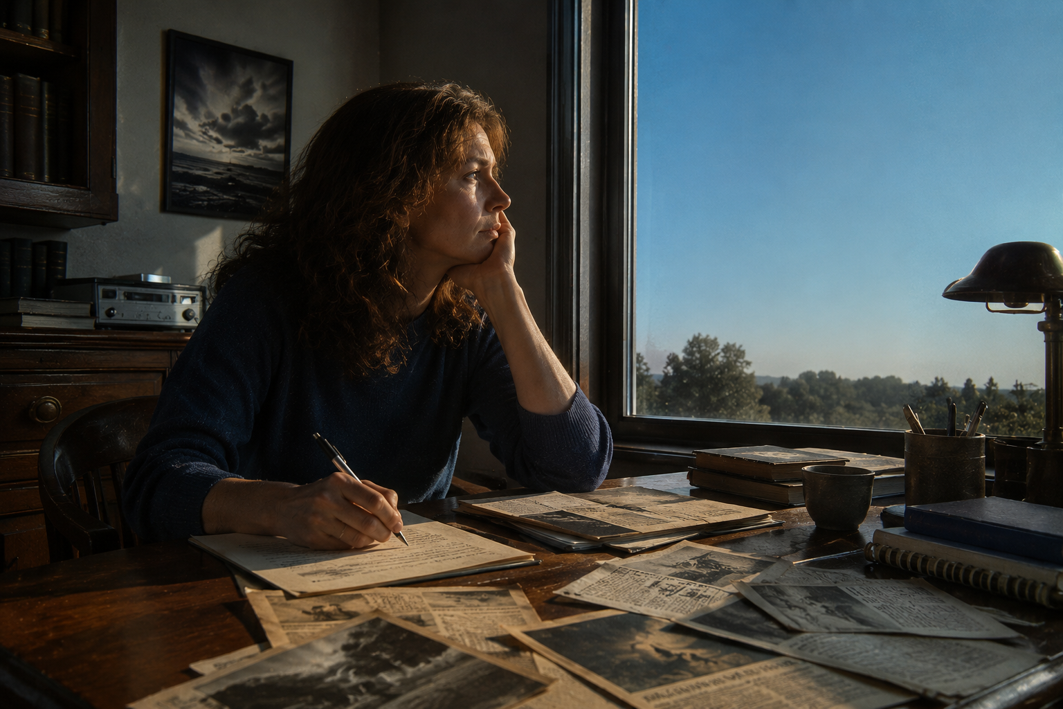 Mulher escrevendo diante de recortes de jornais e observando um céu azul pela janela