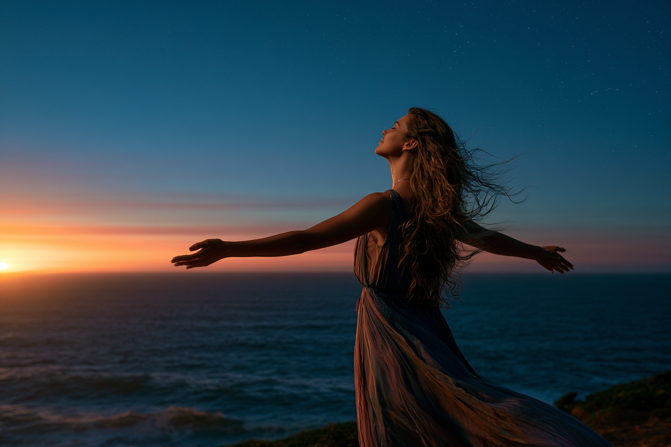 Mulher contemplando o céu e o mar em um momento de busca interior