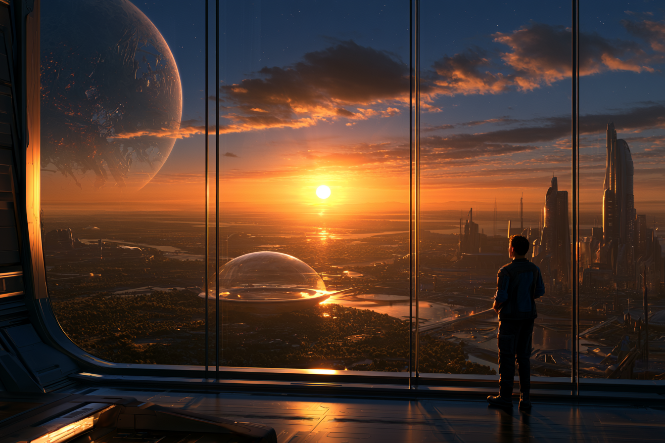 Jovem observando uma cidade futurista e um planeta ao nascer do sol