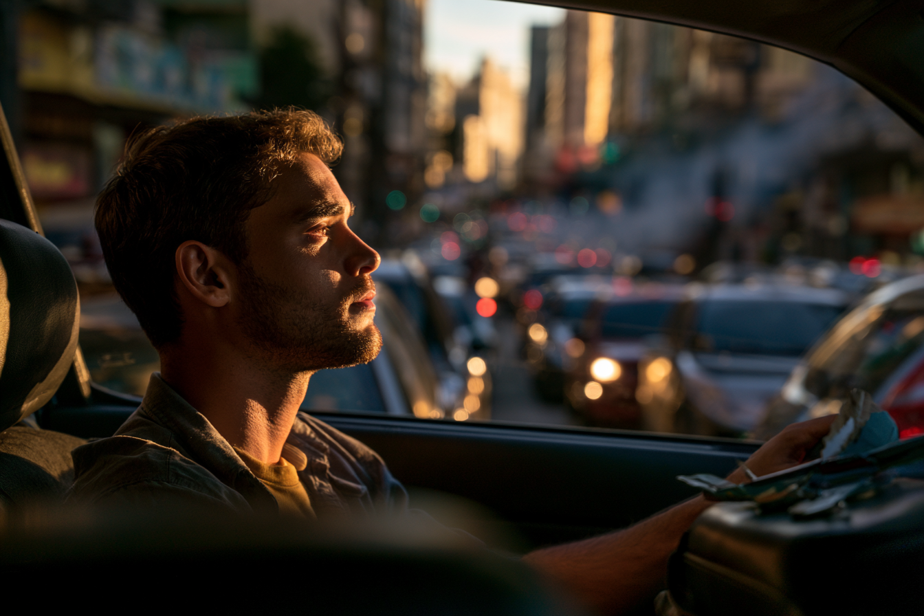 Homem dentro de um automóvel parado no trânsito, iluminado pela luz do entardecer