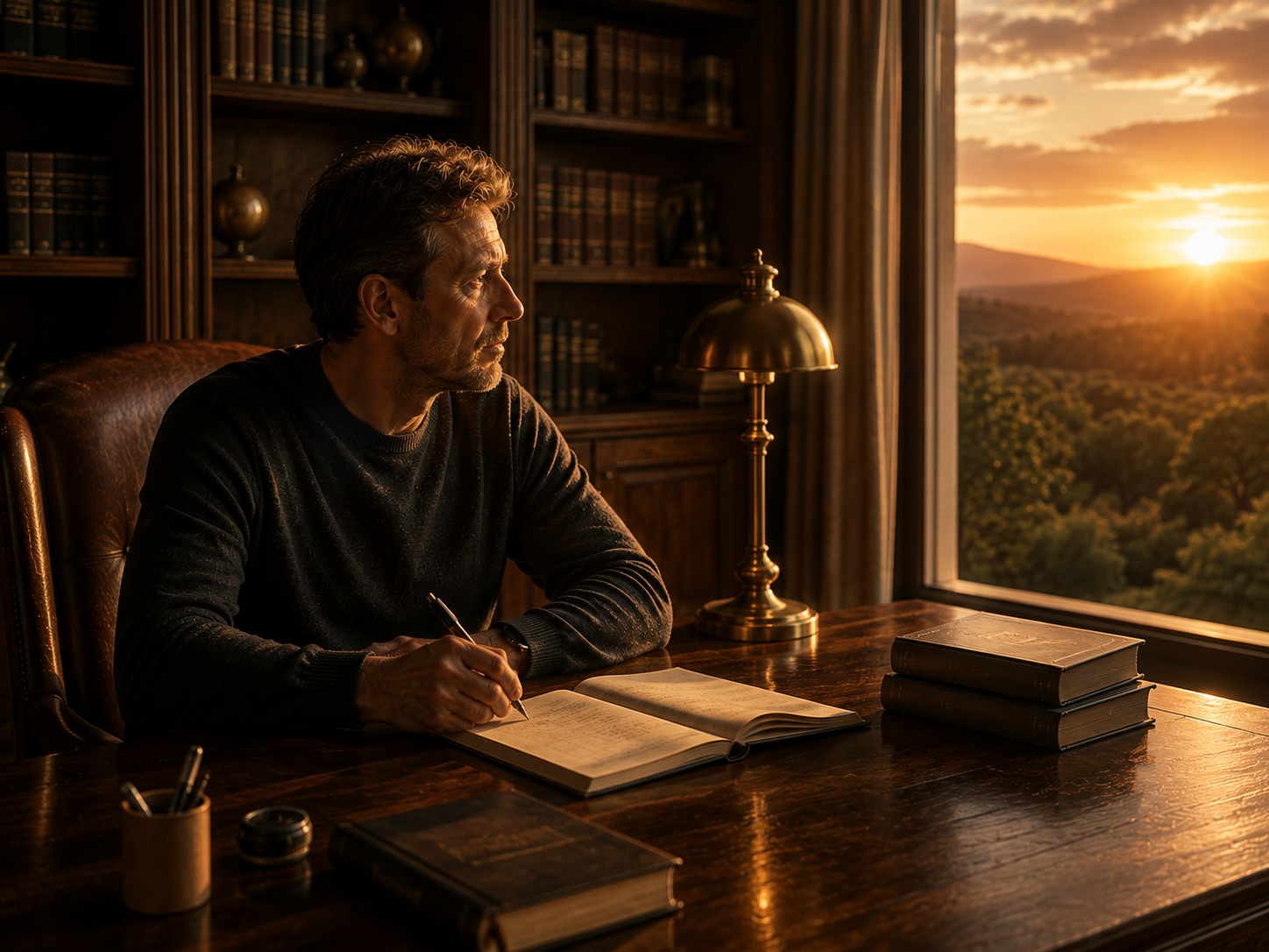 Homem estudando e contemplando a paisagem ao entardecer em uma biblioteca