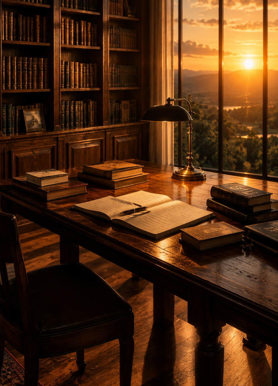 Biblioteca em um ambiente de estudo e contemplação