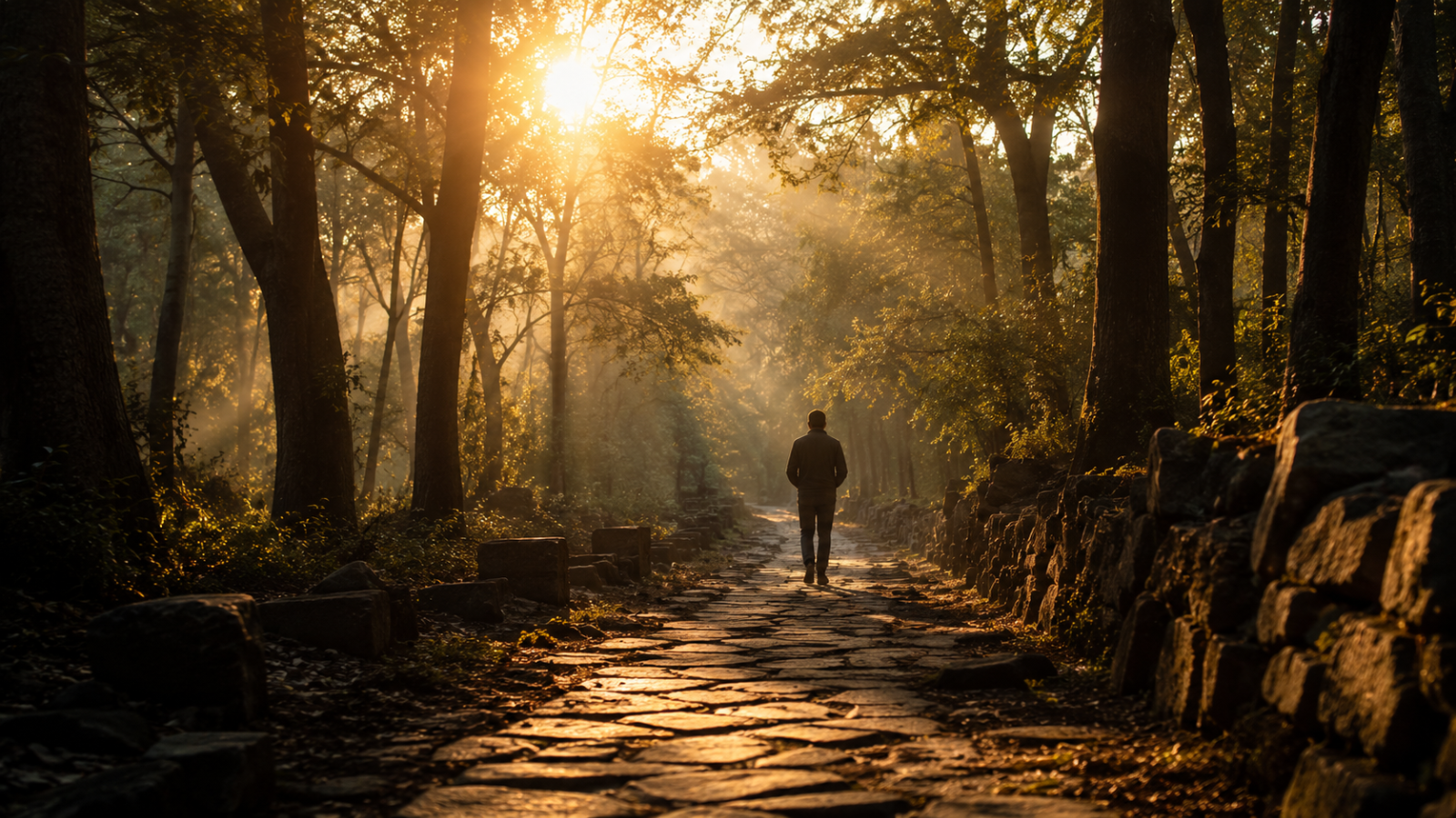 Pessoa caminhando por uma trilha em meio à floresta iluminada pelo sol