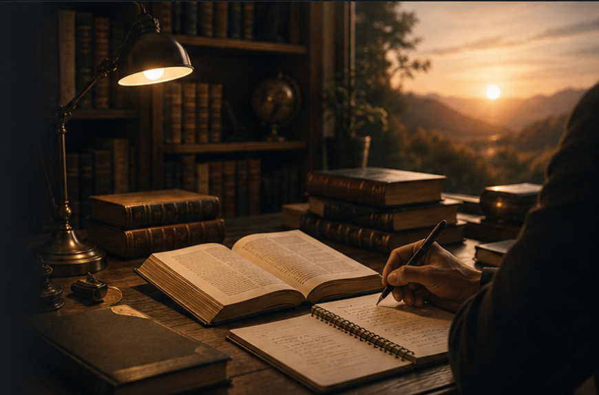 Ambiente de estudo com livros, caderno e paisagem ao entardecer